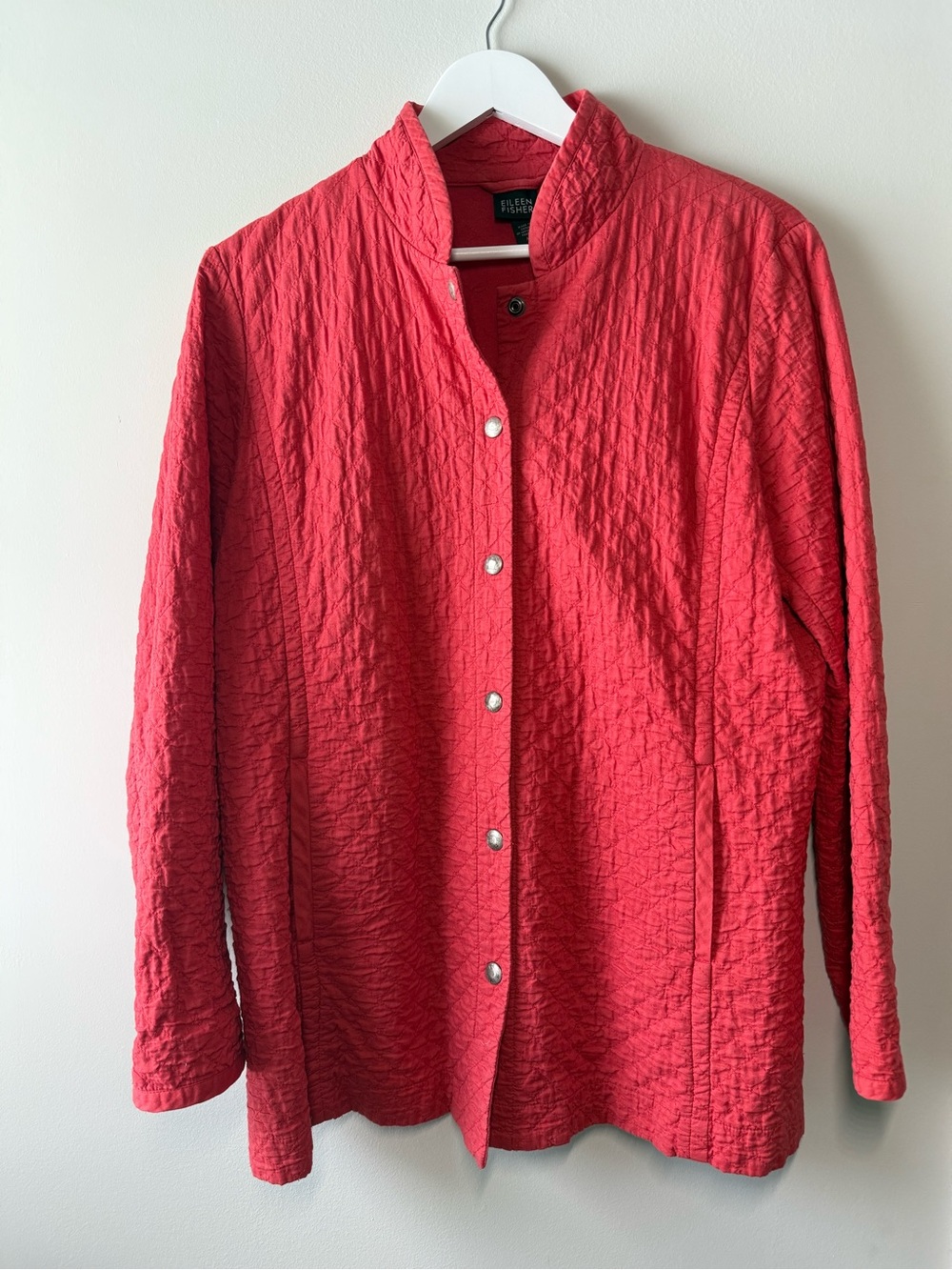 Eileen Fisher Organic Cotton Quilted Snap Jacket Coral Red Medium